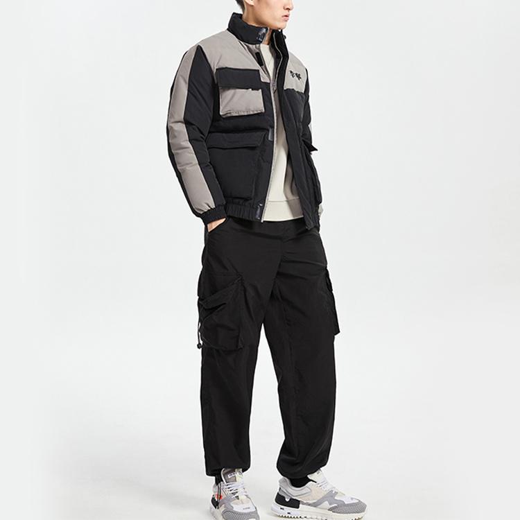 Li Ning Stand Collar Casual Color Block Short Warm Down Jacket Men Jacket Black Iron Gray AYMQ125-2