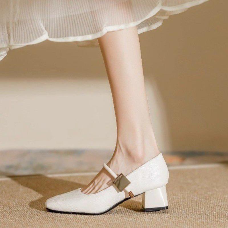 

Round-toe Shoes - New Trendy Retro Soft Leather Mid-heeled Single Shoes for Women 34 бежевий
