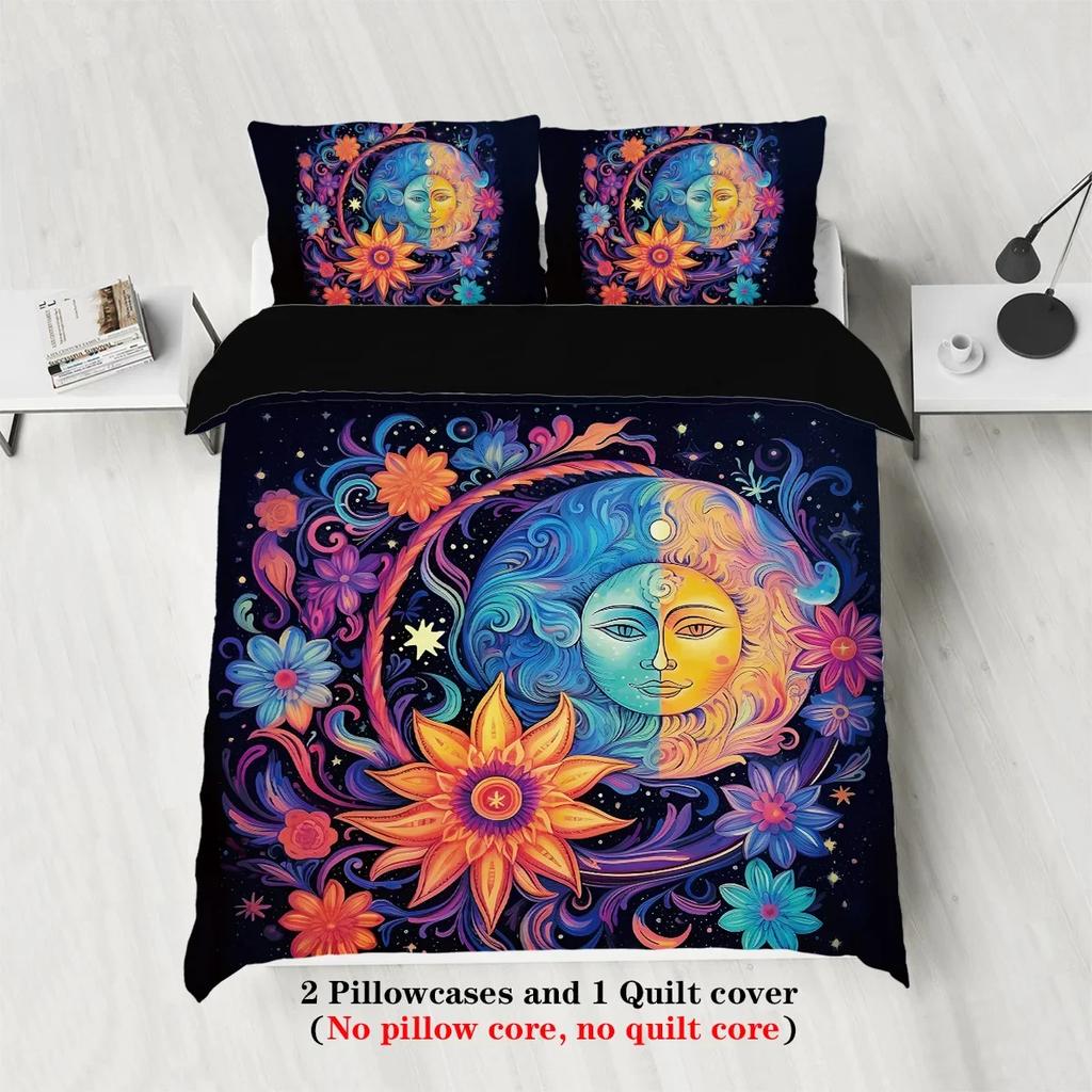 3-teiliges Bettwäsche-Set mit Aufdruck von Sonne und Mond Gesichtern, 1*Bettbezug+2*Kissenbezug, Für Schlafzimmer von Teenagern und Erwachsenen, Geburtstagsgeschenk