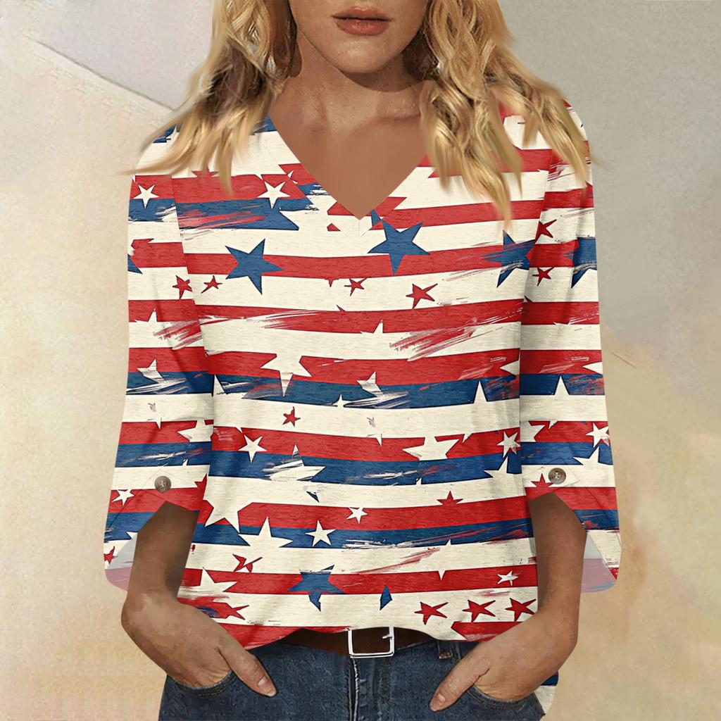 Womens Casual V Neck Three Quarter Sleeve T Shirt Top with Independence Day Inspired Print Loose Fit Lightweight Blouse for Daily Wear