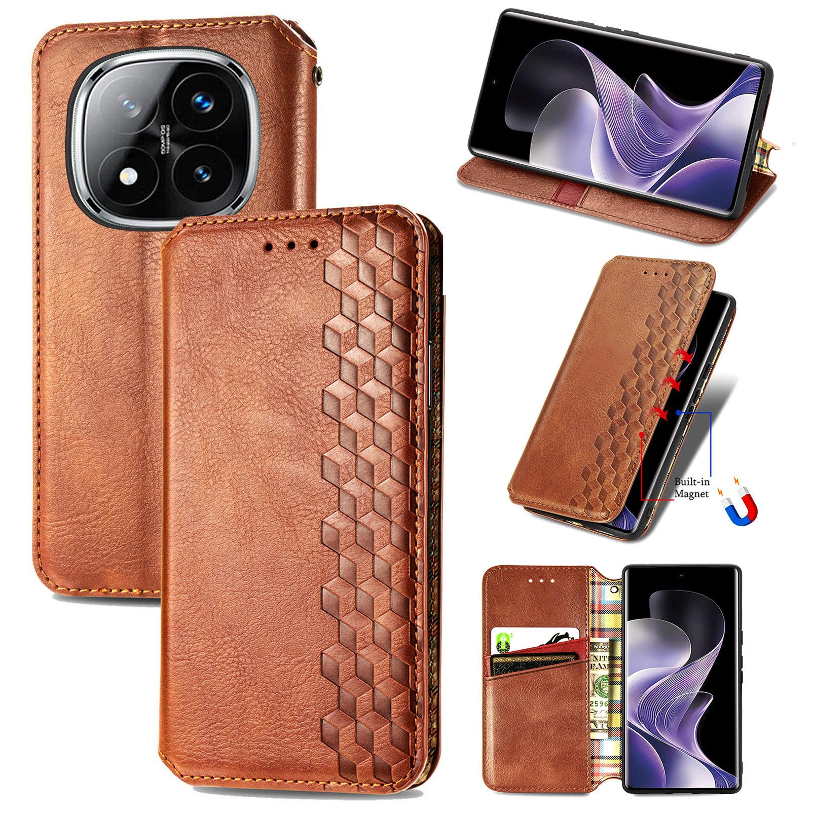 

For Xiaomi Redmi Note 14 Pro 4G Case Rhombus Imprint PU Leather Wallet Phone Cover Brown