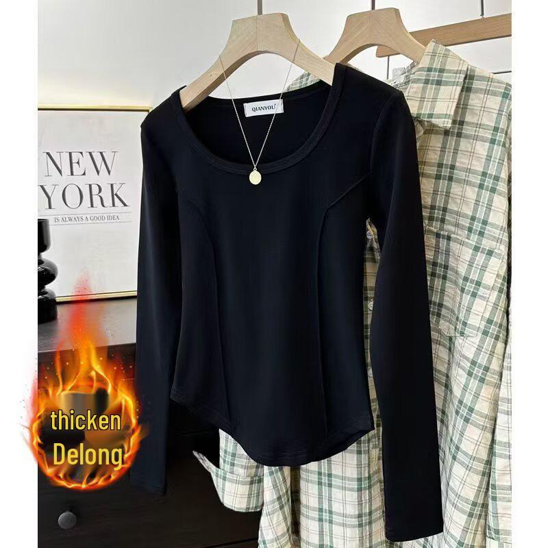 Chic Women's U-Neck Long-Sleeve Slim-Fit Top - Trendy, Flattering Base Layer for Spring/Autumn