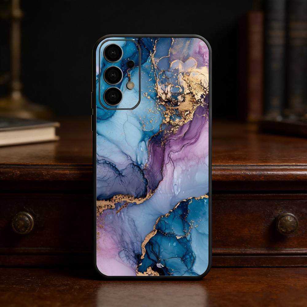 Watercolor Marble Silver Plated Inside Phone Case For Samsung S25,S24,S21,S22,S23,S30,Ultra,S20,Plus,Fe,Lite Black Shell