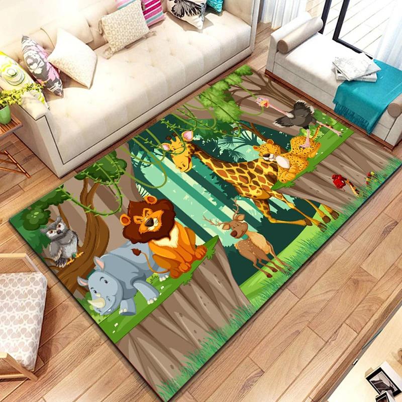 Dzikie Zwierzę Kreskówkowe Dywanik Obszarowy, Dywan ze Zwierzętami Safari Afrykańskiego dla Dzieci, Dekoracja Pokoju Kawaii, Mata Wejściowa, Mata Podłogowa Dzikie Zwierzęta Dżungli