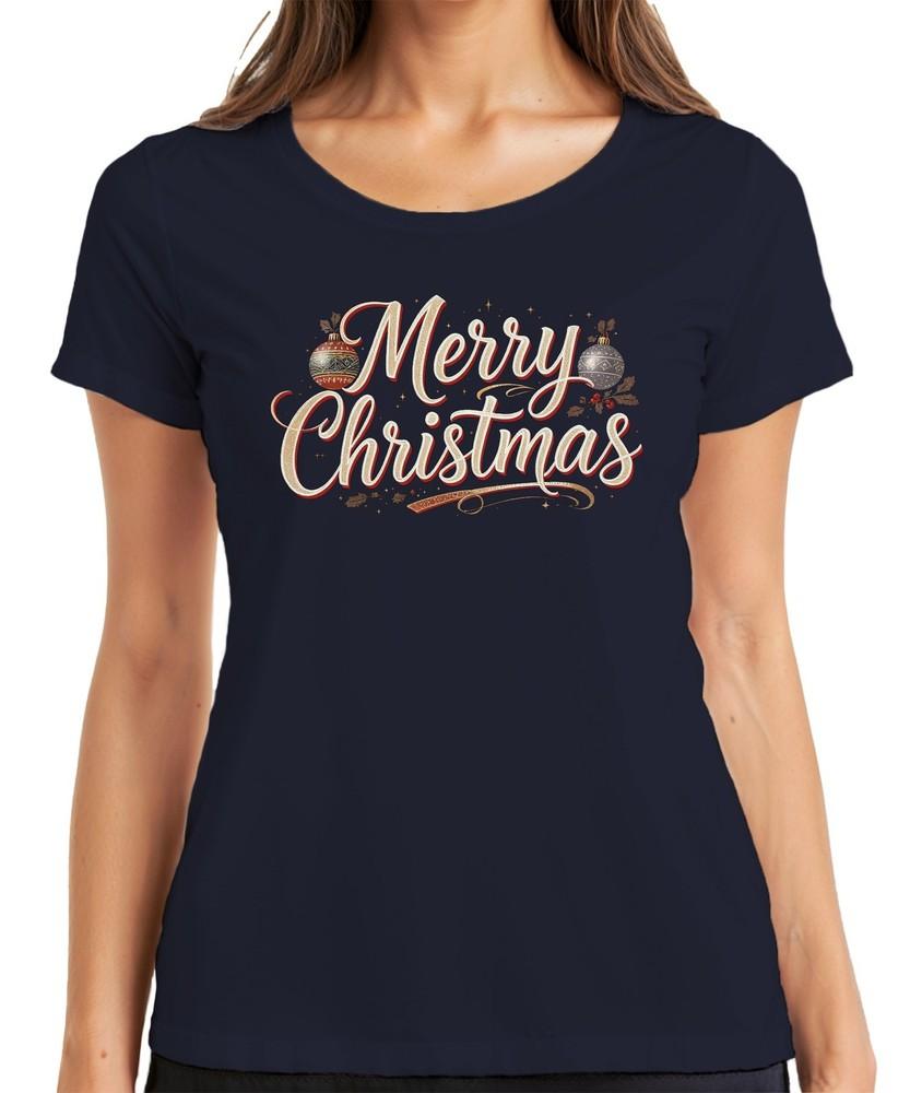 Merry Christmas Xmas Baubles Hand Lettering Retro Ladies TShirt S