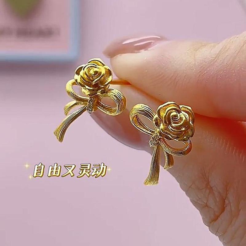 24 Silver Needle Zircon Bow Flower Stud Earrings Light Luxury Premium Temperament Earrings Fashion Earrings