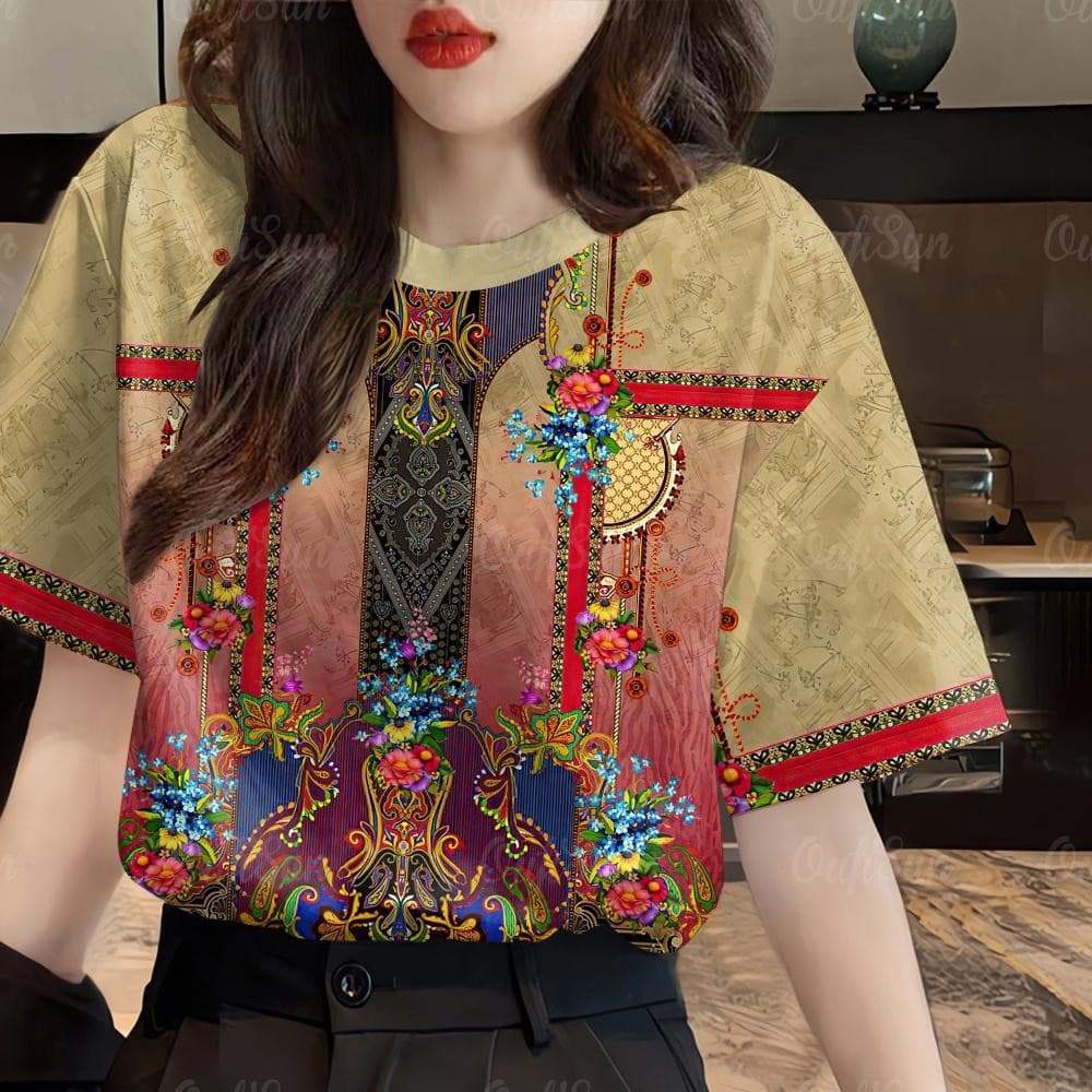 Women s Barong T-Shirt with Floral Print - Casual Short Sleeve XS