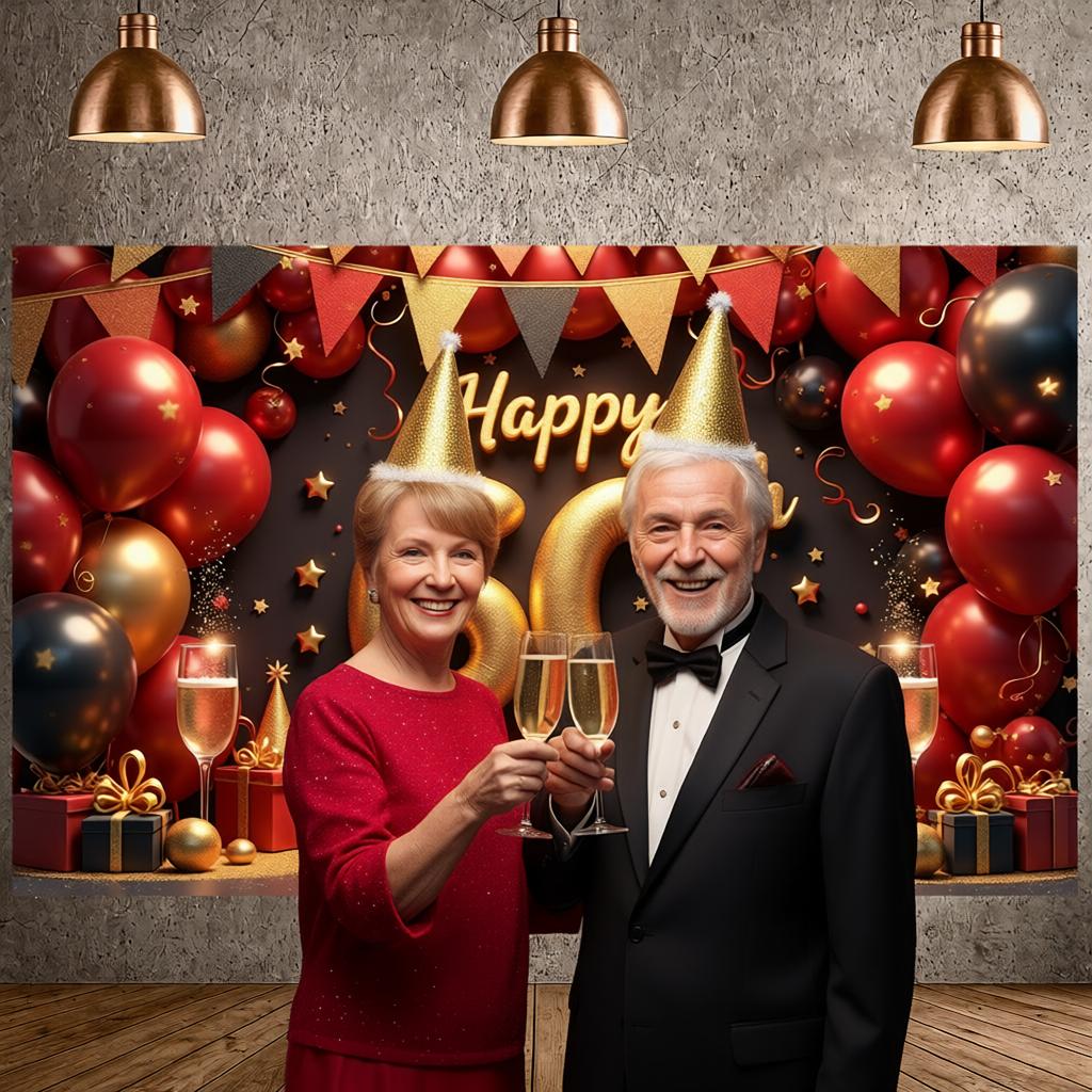 60th Birthday Backdrop Glitter Gold Finish Happy 60th Birthday Banner Birthday Photo Display Champagne Glass Elements