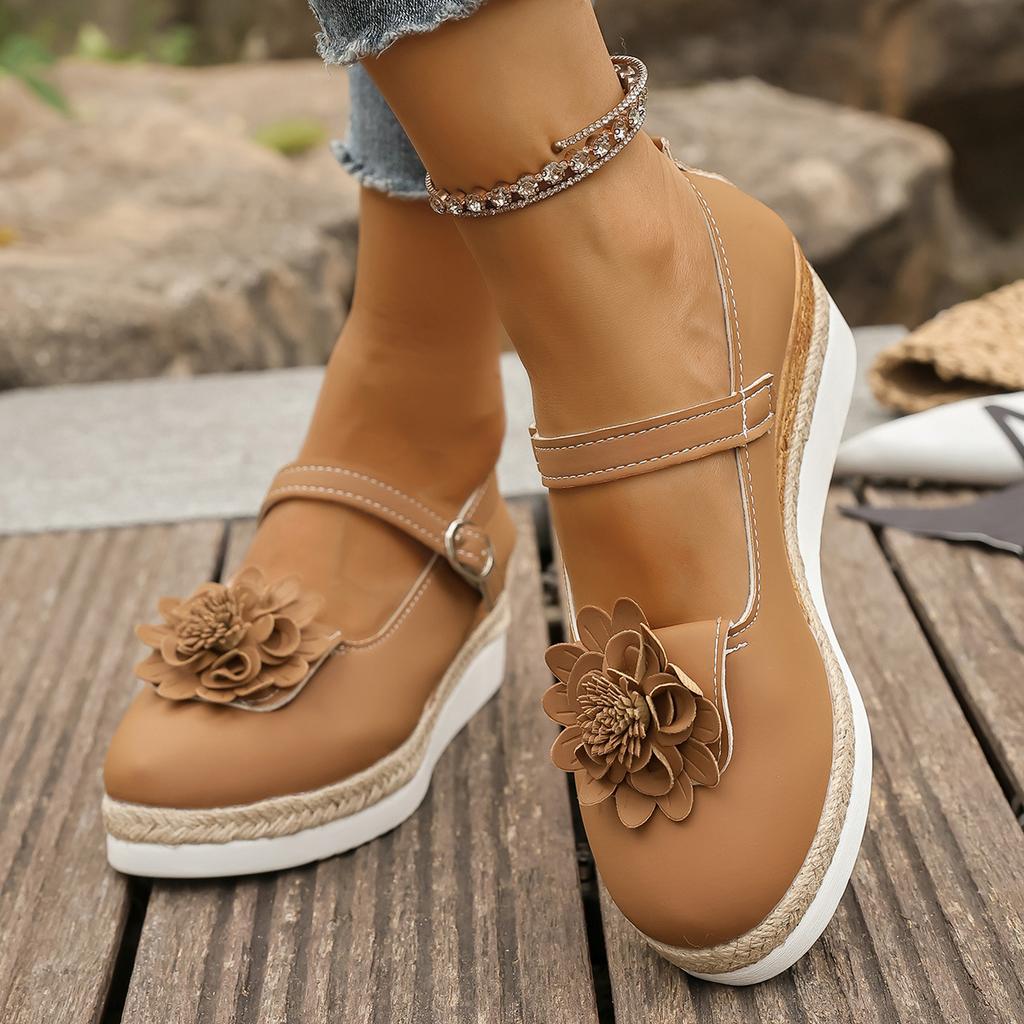 Fashion Plus Size Shoes for Women Autumn 2025 Fashion Platform Wedges Buckle Strap Flats Shoes Zapatos De Mujer with Flower Footwear