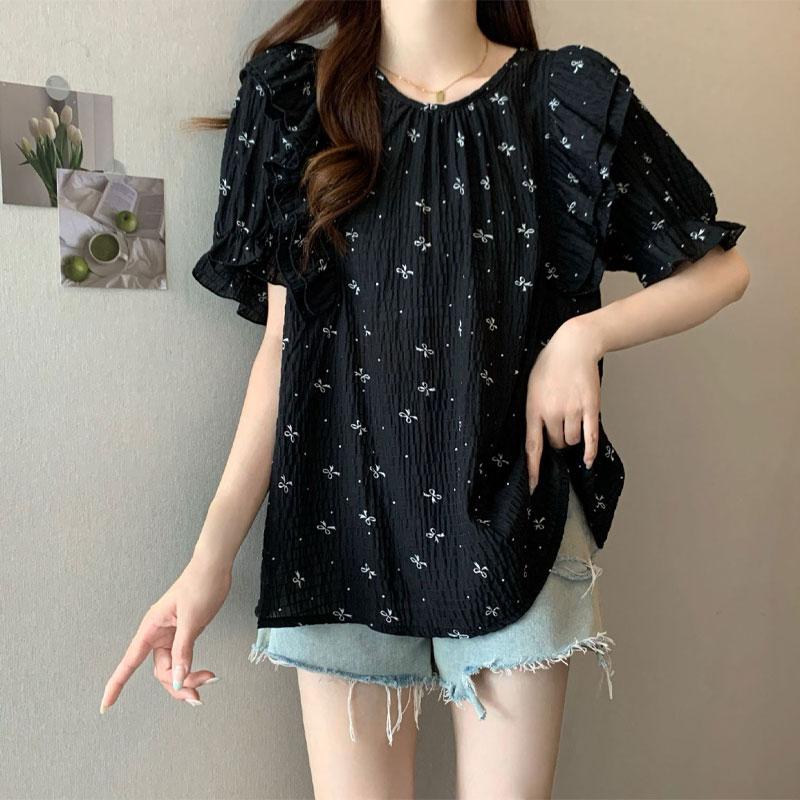 Bow Print Loose Top Women's Summer New Pleated Short Sleeved Shirt Korean Series