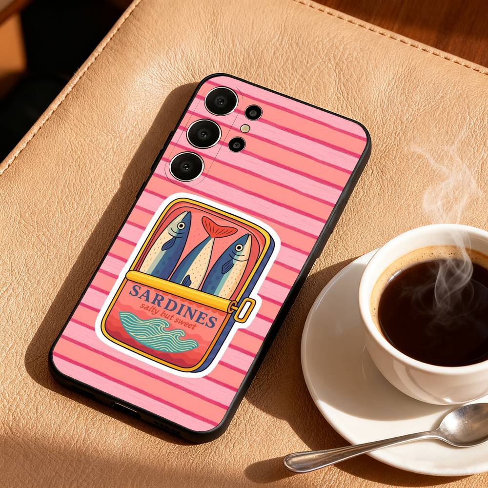 

V-Vintage Canned Sardines Phone Case For Samsung S25,24,23,22,30,21,10,9,Ultra,Plus,Lite,FE Soft Black Case Samsung S225G