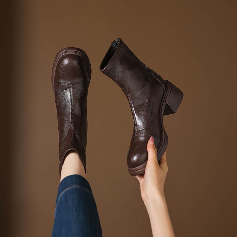 Krazing Pot Microfiber Round Toe Chunky Heels Motorcycle Boots Size 42 Zip Women Pleated Decoration Platform Ankle Boots