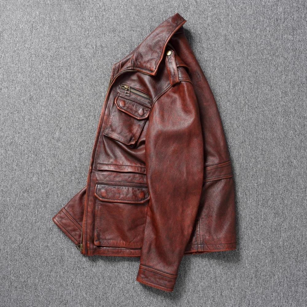 Chinese Size Vintage Red Brown Men Leather Jacket M65 Hunting Flight Jacket Genuine Cowhide Coat Autumn