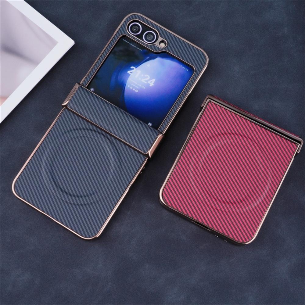 For Samsung Galaxy Z Flip7 FE 5G/Z Flip6 5G Magnetic Case Hinge Protection Carbon Fiber Texture Leather+PC Phone Cover
