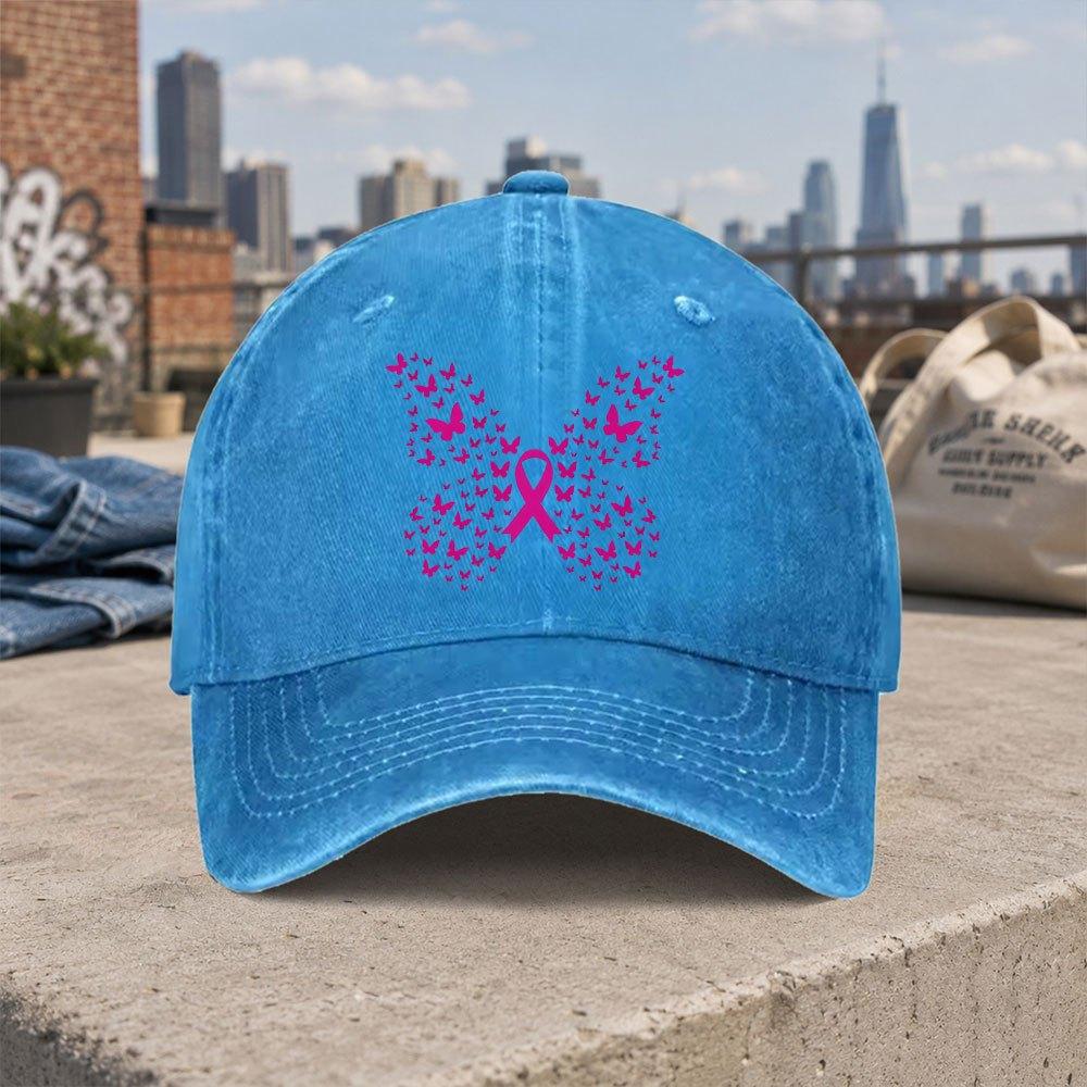 Pink Butterfly Ribbon Duckbill Cap Vintage Washed Baseball Hat for Unisex Women Hook Loop Closure