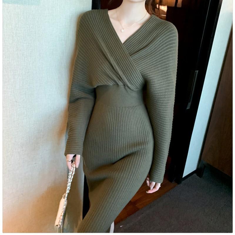 Women's V-neck High Waist Sweater Slim Long Sleeve Mid-length Knitted Dress