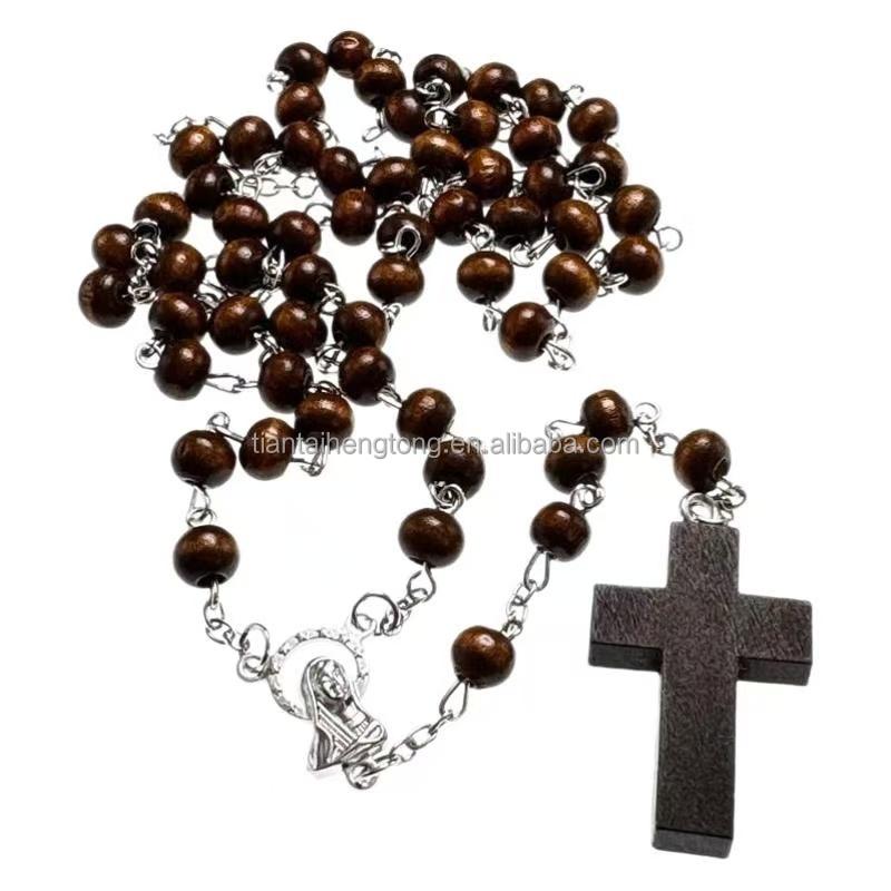 Cheap 6*7mm Dark Brown Rosary Virgin Mary Rosaries Wooden Beads Religious Catholic Necklace Blank Cross Pendant in Stock