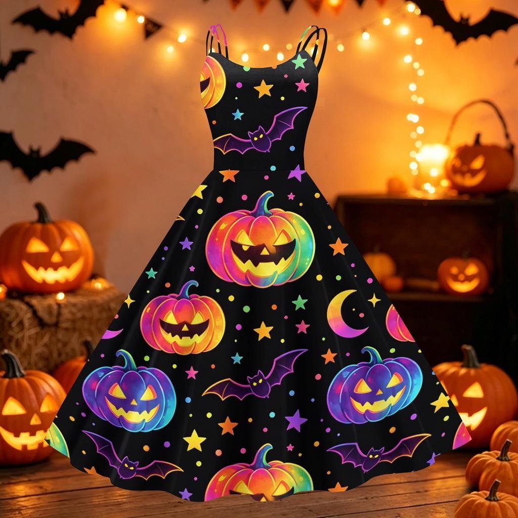 Women Halloween Print Off Shoulder Dress Punk Vintage Style Sleeveless Spaghetti Strap Midi Dress with Flared Skirt for Party