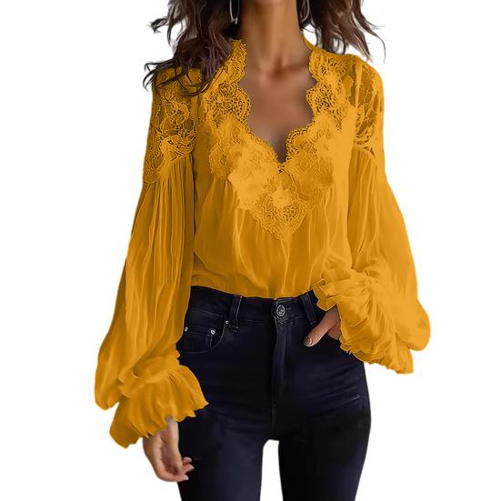 Women Shirt V-Neck Pleated Puff Long Sleeve Summer Shirt Embroidery Lace Splicing Loose Fit Shirt Tops Parties Travel Wear