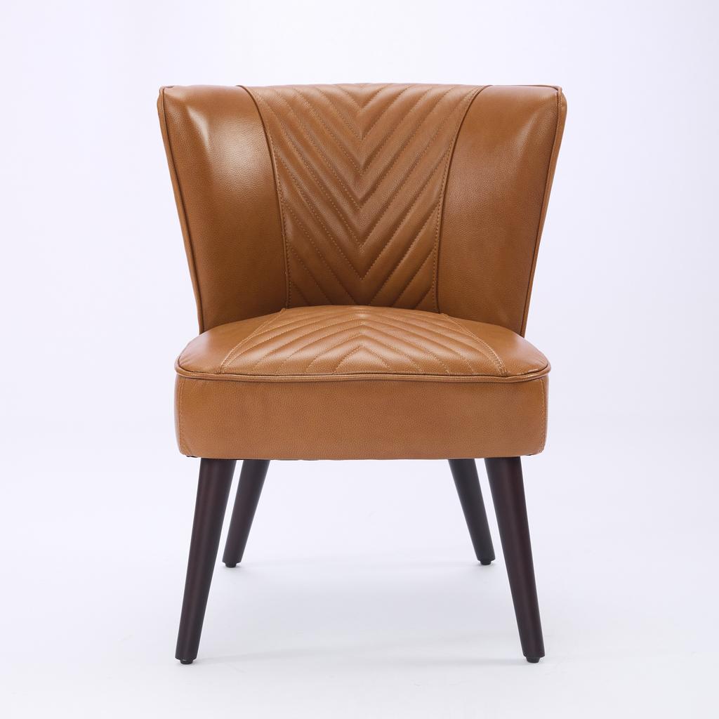 Light brown genuine leather living room lounge chair without armrests – solid rubberwood base, modern comfort chair