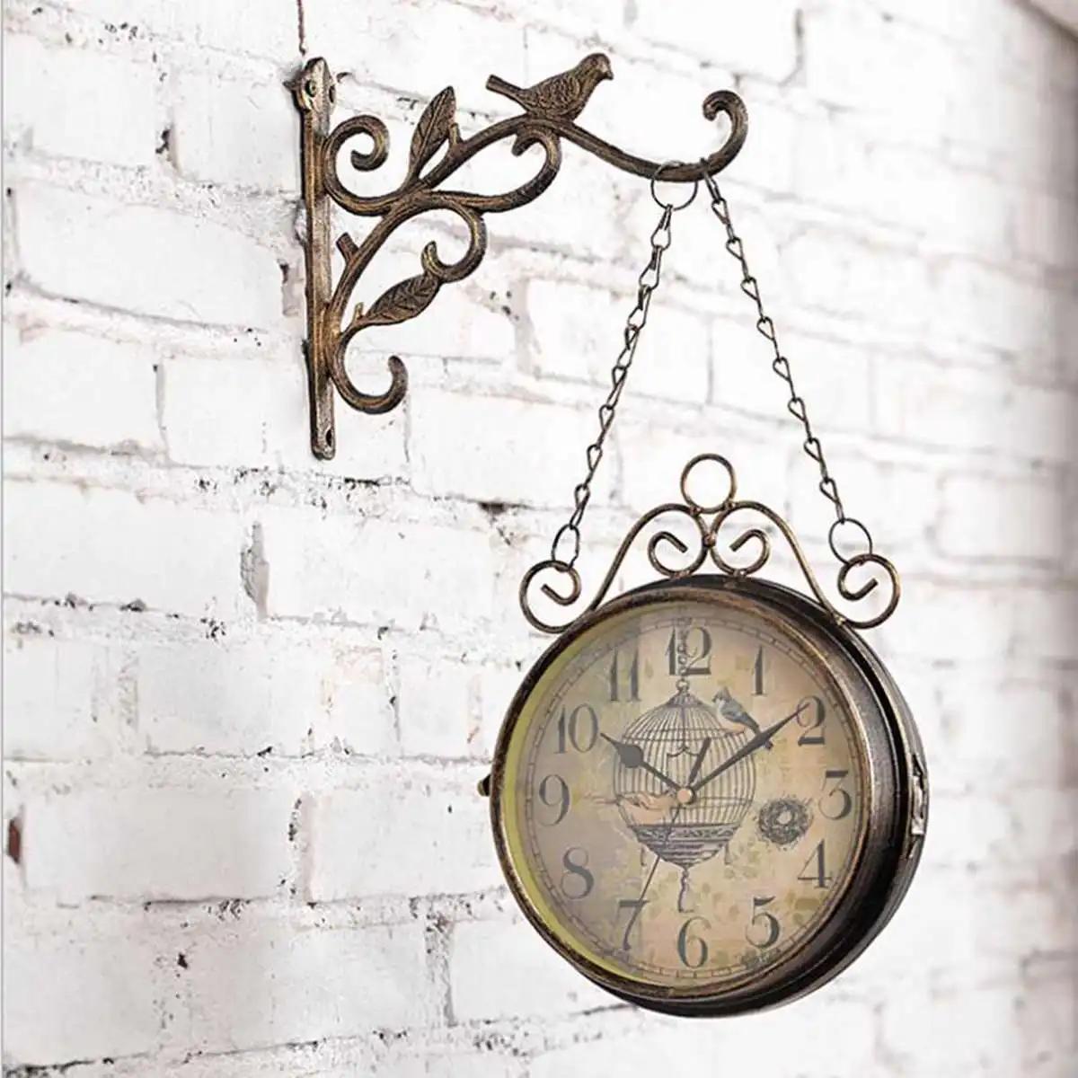 Vintage Decorative Double Sided Metal Wall Clock Antique Style Station Wall Clock Wall Hanging Clock Metal Frame