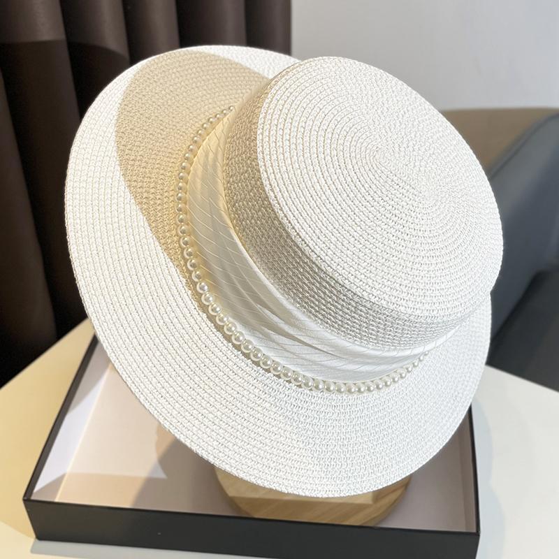 

Новая французская элегантная атласная шляпа-котелок с имитацией жемчуга, женская летняя соломенная шляпа с солнцезащитным кремом и плоским верхом для отдыха на природе, ретро-шляпа для отдыха от солнца 56-58Cm (with adjustment rope inside) белый