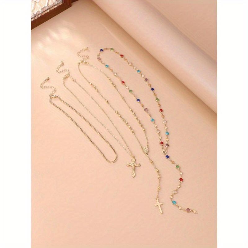 4pcs/Set Bohemian Style Colorful Crystal & Vintage Metal Cross Pendant Y-Necklace Set, Suitable For Women's Everyday And Holiday Wear