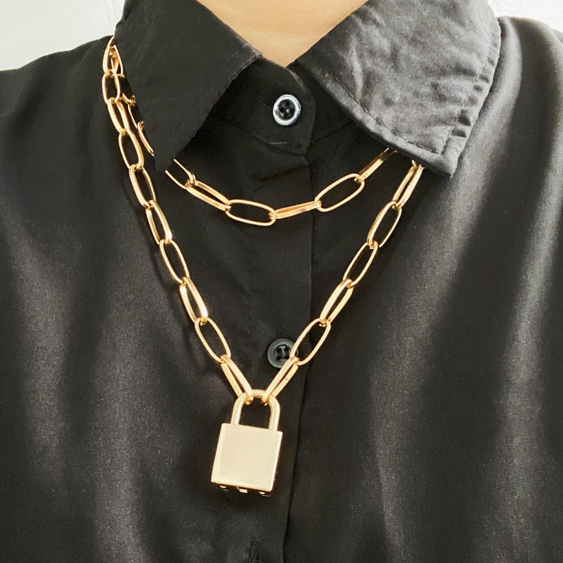 Модная двухслойная цепочка-замок для мужчин, панк-звеньевая цепочка с подвеской-замочком KTJ