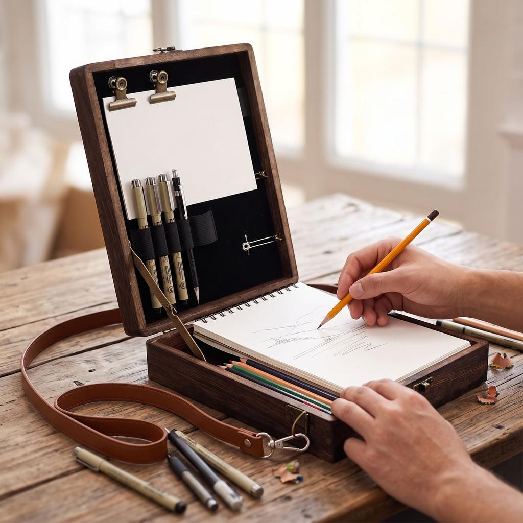 Wooden Storage Box for Outdoor Sketching with Paintbrush and Holders, Portable Backpack for and Artists