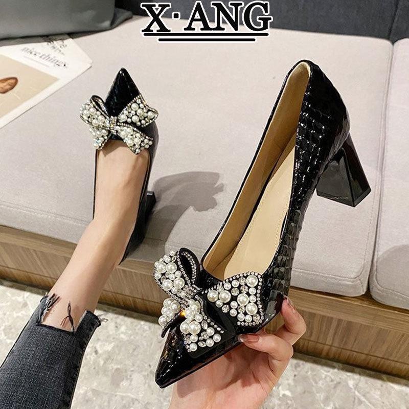 

French rhinestone bow high heels women s 2025 spring new with skirt shallow middle heel thick heel pointed single shoes 34