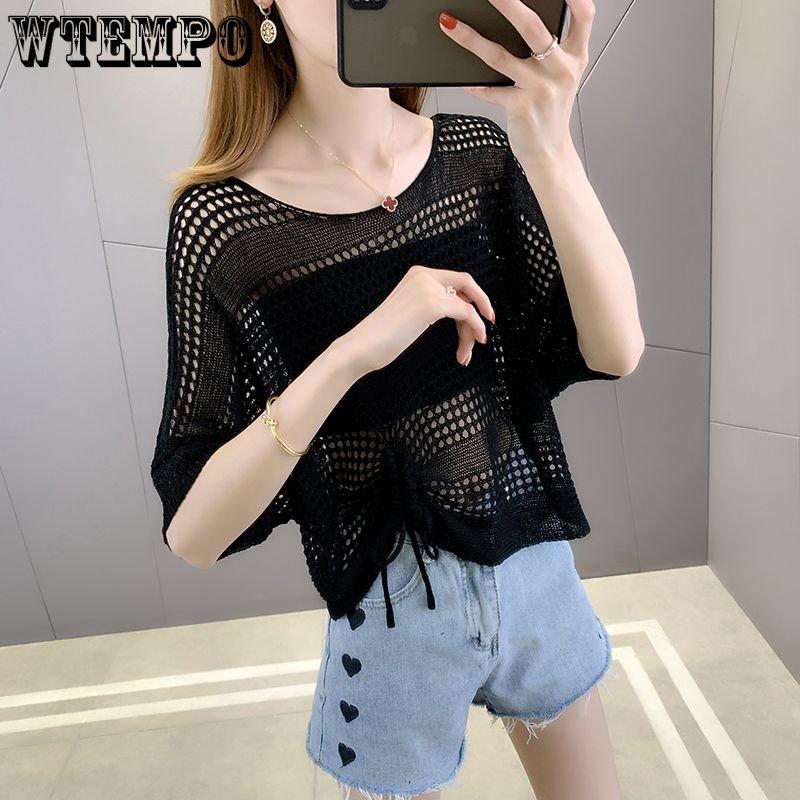 WTEMPO Summer Knitted Cardigan Women's Hollow Thin T-Shirts Loose V-Neck Short Sleeve Knitted Vests Short Tops