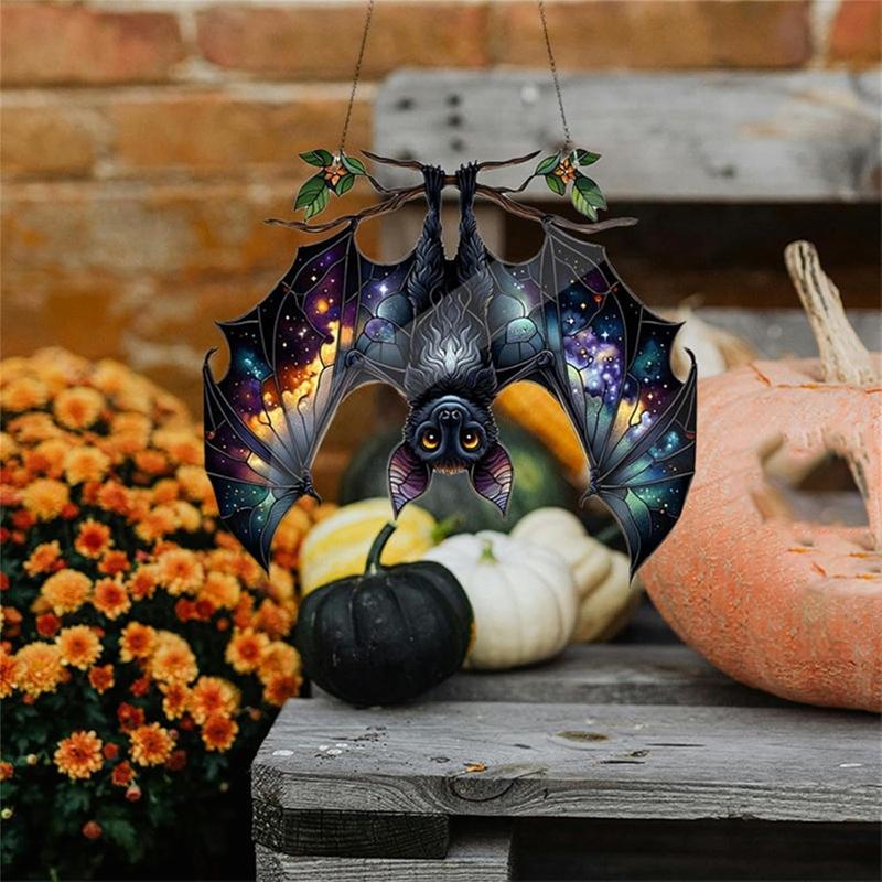 Good-Halloween Bat Stained Glass Suncatcher Window Hanging Acrylic Wall Art Suncatcher Decoration Ghosts Festival Colorful
