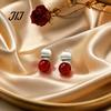 Lightweight Drop Earrings 1 Pair Red Bead Round Stud Earrings, Minimalist Light Luxury Trendy Copper for Women, Polished Silver Disc Jewelry