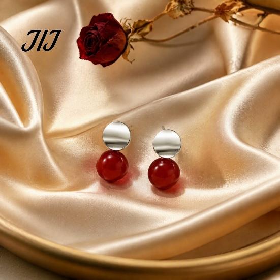 Lightweight Drop Earrings 1 Pair Red Bead Round Stud Earrings, Minimalist Light Luxury Trendy Copper for Women, Polished Silver Disc Jewelry
