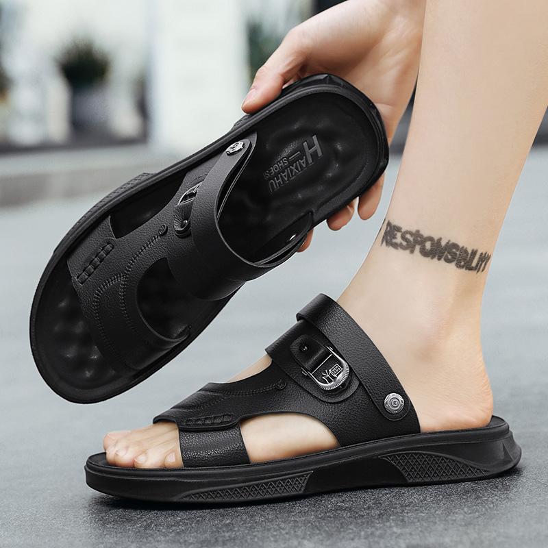 Classic Men's Fashion Sandals Summer Breathable Non-slip Outdoor Slippers PU Soft Bottom Beach Shoes Retro Men's Flip Flops