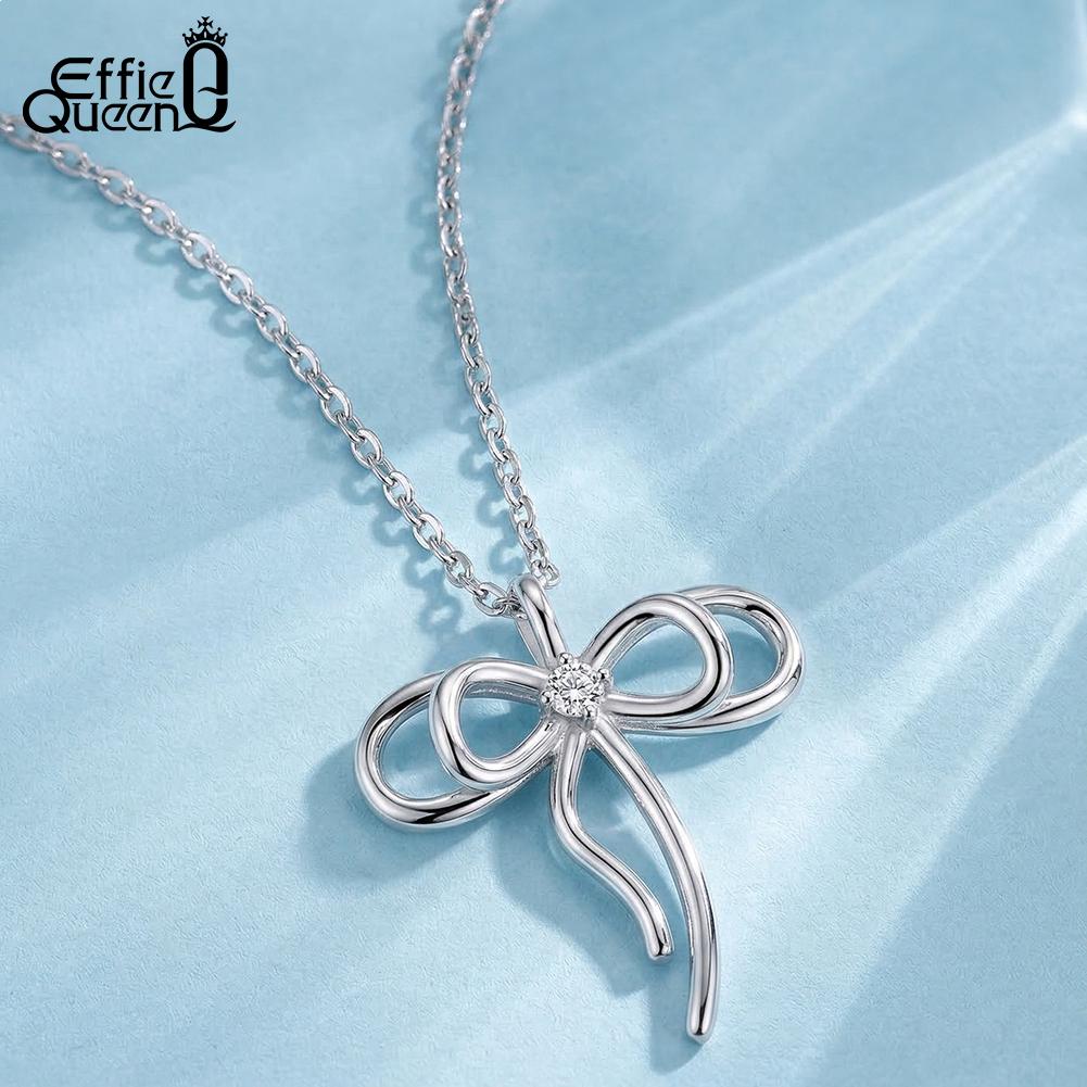 Effie Queen 925 Sterling Silver Bowknot Necklace Fashion Aesthetic Zircon Bow Pendant Choker Jewelry Daily Accessories SAPN63