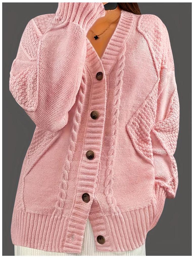 Women's Solid Color V-Neck Long Sleeve Knit Cardigan Jacquard Sweater for Autumn and Winter