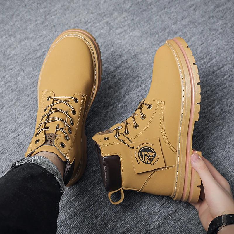 Men's Leather Shoes High Top Boots Fashionable Motorcycle Shoes Ankle Boots Winter Boots Men's Hiking Shoes Lace Up Botas Hombre