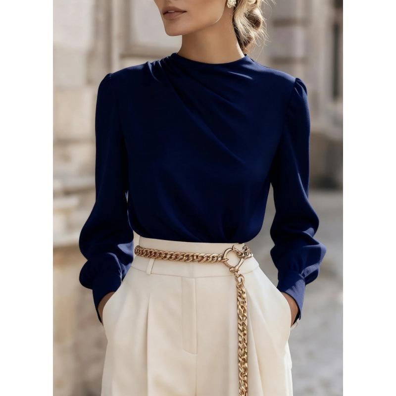 Commuting Simple Pleated High Collar Lantern Sleeve Shirt Top for Women