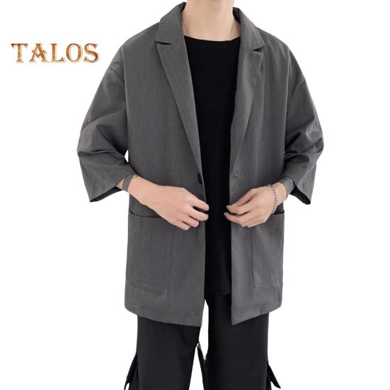 

Мужской пиджак, однотонный, весна-лето, пиджак с одной пуговицей, лацкан, рукав 3/4, свободный крой, повседневная деловая верхняя одежда M серый