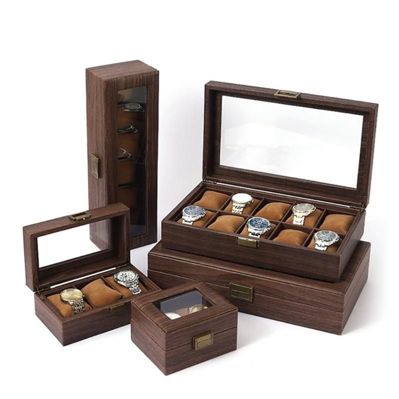 2/3/6/10/12 Grid Watch Box Wood Watch Cases Display Holder Wristwatch Organizer Jewelry Gift Box with Clear Lid & Pillow