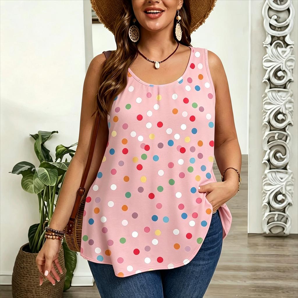 Women's Colored Dots Print Sleeveless Round Neck Vest Summer Fashionable Comfortable Loose  Versatile Sports Leisure Vest