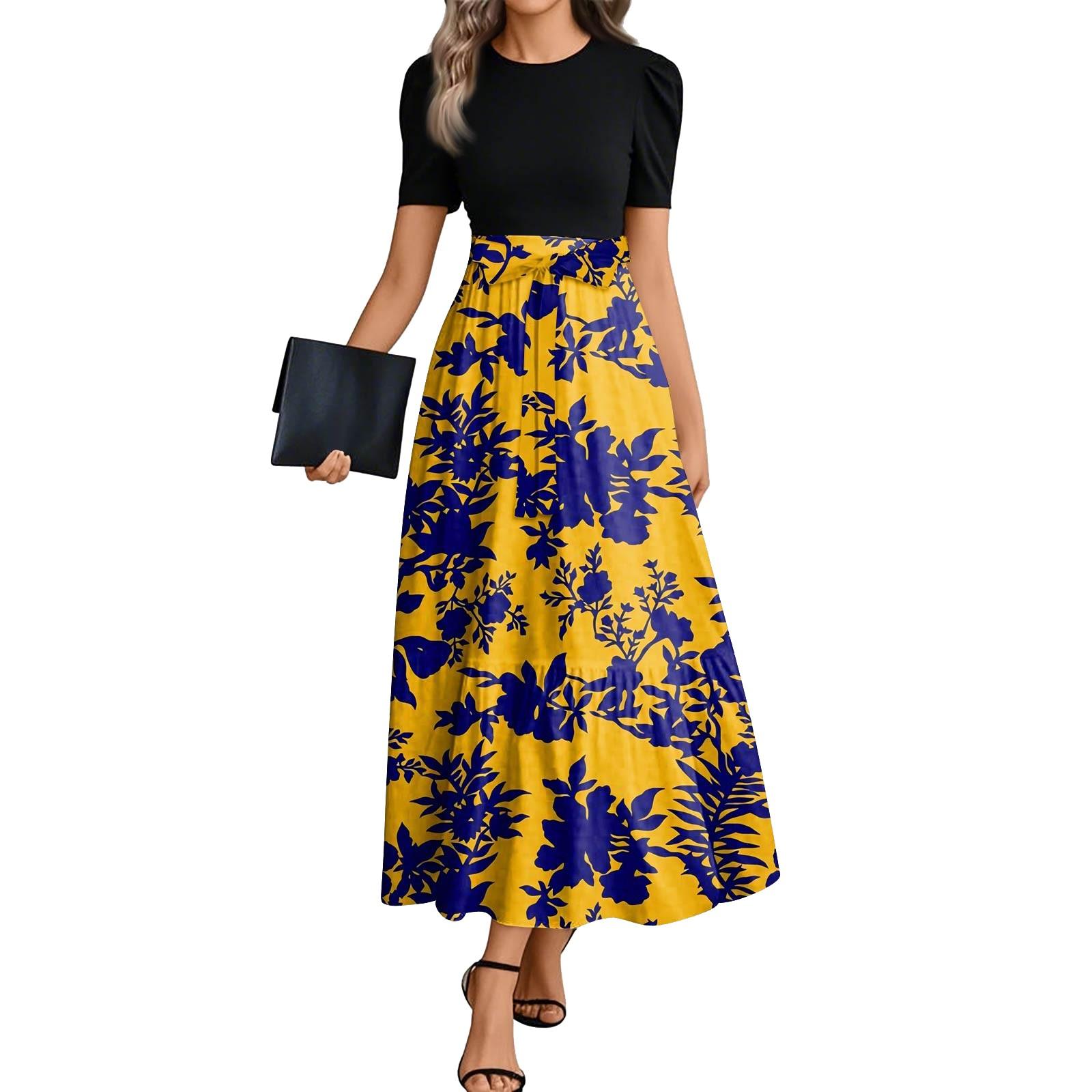 

Women s Fashion Casual Belted Round Neck Short Sleeve Floral Patchwork Elegant Dresses XL жовтий