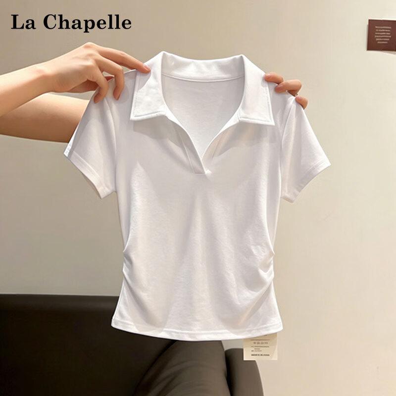 La Chapelle Women's Slim Fit Polo Neck Pleated Short Sleeve Top