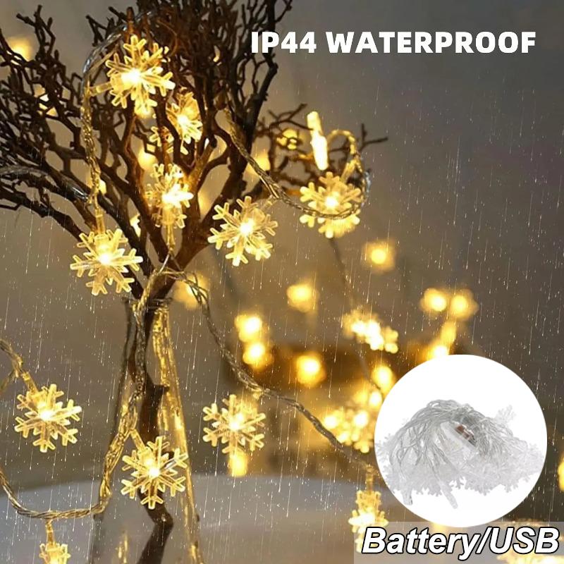 Christmas Snowflake String Lights, Waterproof Battery-Powered String Lights, Garden and Bedroom Decoration, Festival Lighting USB Powered