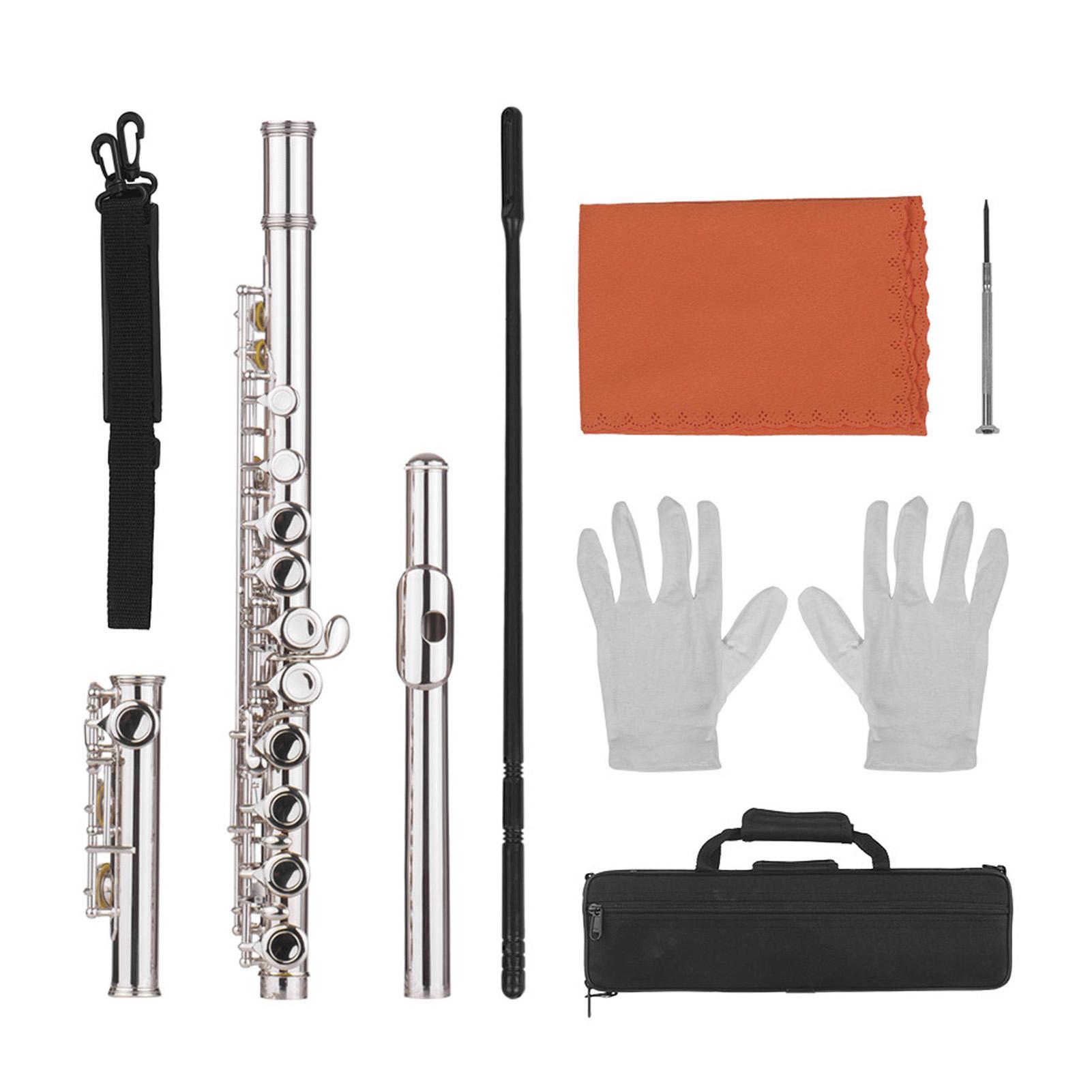 

16 Holes Closed Hole Flute C Key Flute Woodwind Instrument With Cleaning Cloth Rod Gloves Screwdriver срібний