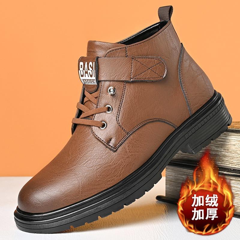 Winter Martin boots genuine leather trend velvet thermal tooling boots retro casual leather boots men's British