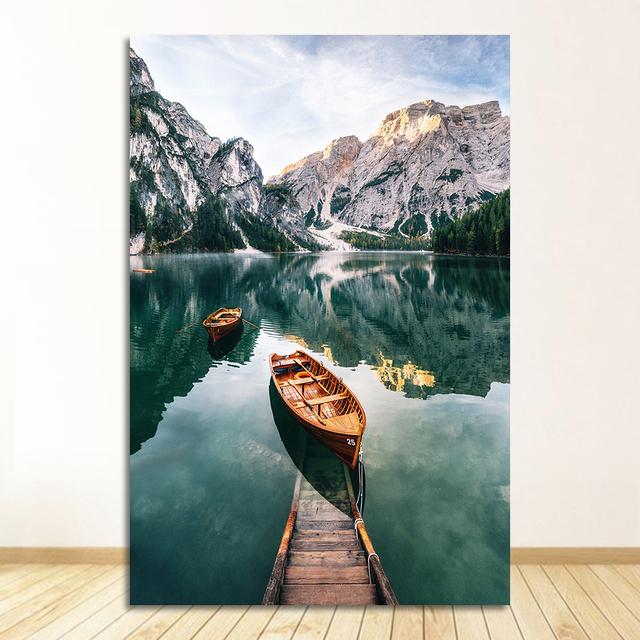 Poster Cerb Animal Lac Barcă Frunze de Crăciun Zăpadă Munte Imprime Pictură Natura Imagine Decor Nordic Peisaj Zăpadă Pădure
