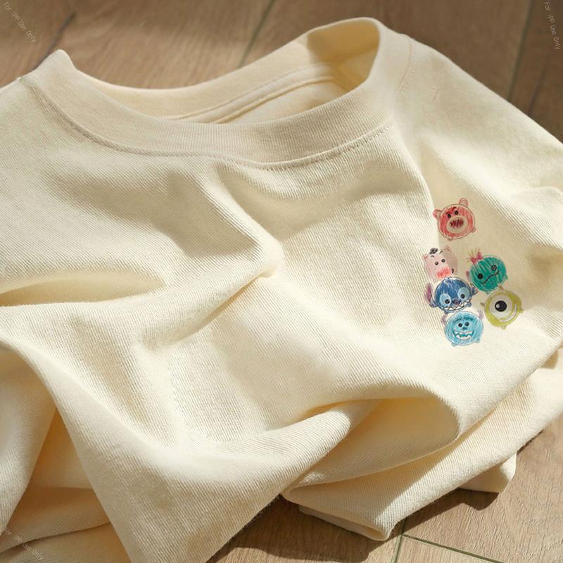 Heavy cotton cartoon print short-sleeved t-shirt women's 2025 new summer loose large size white crew neck top