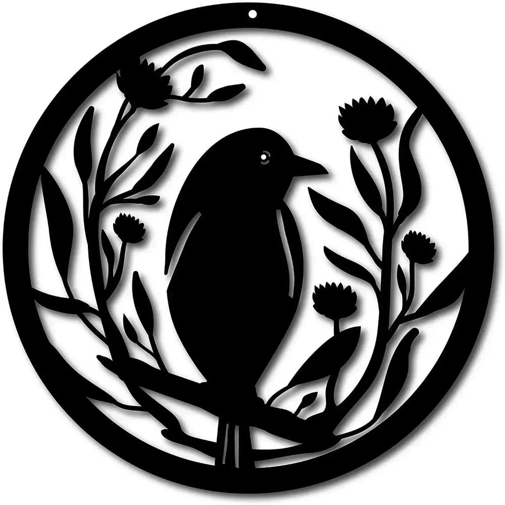 Kwiat i Ptak Metalowa Sztuka Ścienna - 30CM Okrągła Żelazna Rzeźba, Dekoracja Ścienna, Wisząca, Dzieło Sztuki i Dekoracyjna Naklejka Ścienna
